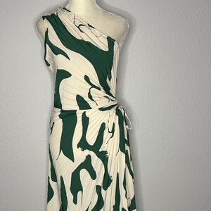 One-Shoulder Dress in Green and Cream Tropical Small